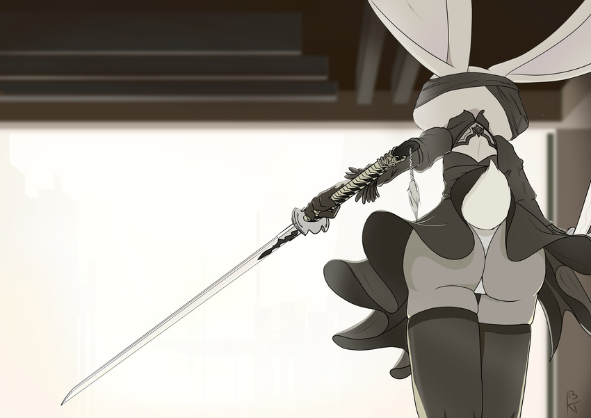 2017 anthro blindfold butt clothed clothing cosplay crossover disney female holding_object holding_weapon ittybittykittytittys judy_hopps katana lagomorph legwear mammal melee_weapon nier_automata rabbit rear_view signature solo stockings sword upskirt weapon yorha_2b zootopia