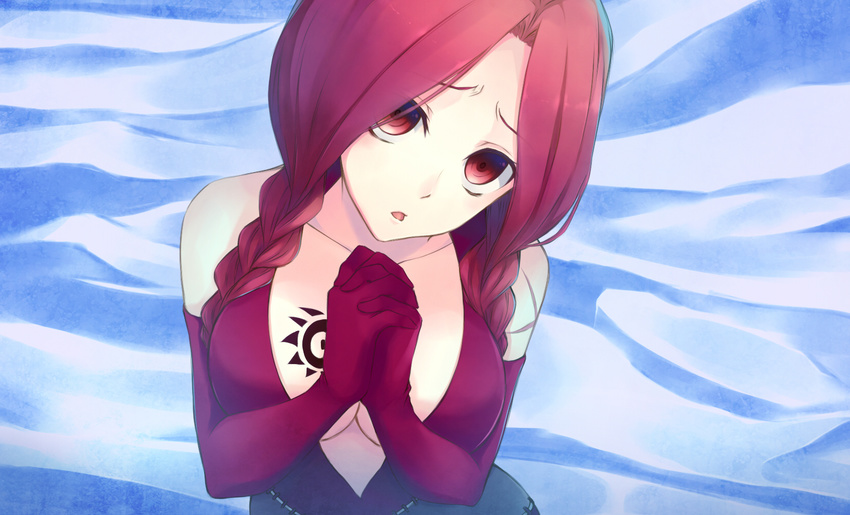 braid breast_tattoo breasts cleavage cross_scar dress elbow_gloves fairy_tail flare_corona gloves hands_clasped head_tilt highres hiiragi_hekitsuki interlocked_fingers large_breasts long_hair looking_at_viewer open_mouth own_hands_together red_dress red_eyes red_gloves red_hair side_braids solo tattoo twin_braids