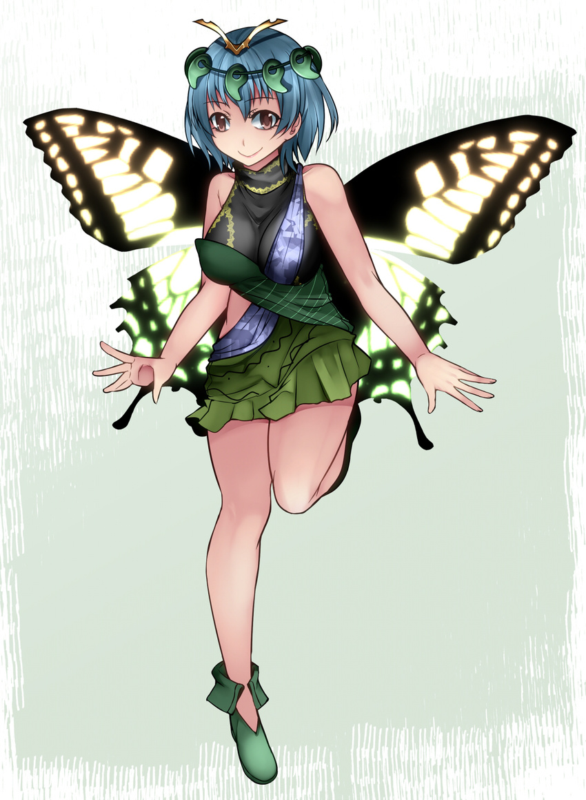 aoshima breasts brown_eyes butterfly_hair_ornament butterfly_wings commentary_request dress eternity_larva green_footwear hair_ornament highres lazy_eye shoes short_hair smile solo touhou wings