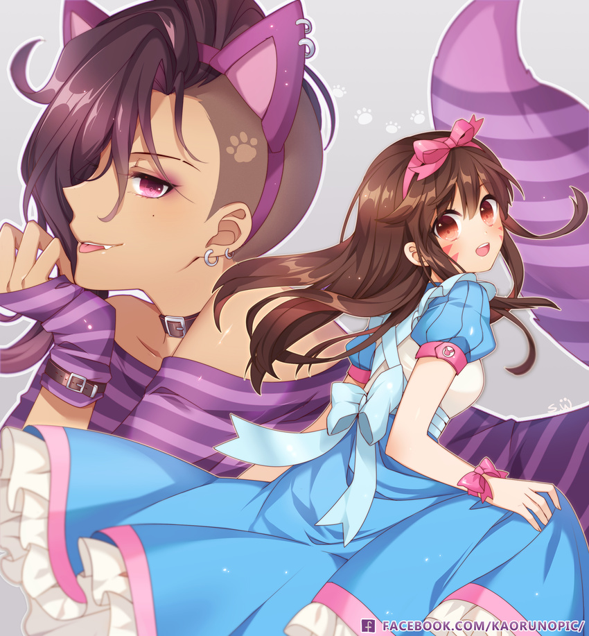 alice_(wonderland) alice_(wonderland)_(cosplay) alice_in_wonderland alternate_costume animal_ears asymmetrical_hair atobesakunolove bare_shoulders blue_bow blue_dress blush bow breasts brown_hair cat_tail cheshire_cat cheshire_cat_(cosplay) choker collarbone commentary cosplay cuffs d.va_(overwatch) dark_skin dress earrings eyeshadow facepaint facial_mark fake_animal_ears fake_tail grey_background hair_bow headband highres jewelry licking_lips lipstick long_hair looking_at_viewer looking_to_the_side makeup mole mole_under_eye multicolored_hair multiple_girls open_mouth overwatch paw_print pink_bow puffy_short_sleeves puffy_sleeves purple_eyes purple_hair purple_shirt shirt short_sleeves simple_background small_breasts smile sombra_(overwatch) striped striped_shirt tail tongue tongue_out two-tone_hair undercut upper_body watermark web_address whisker_markings
