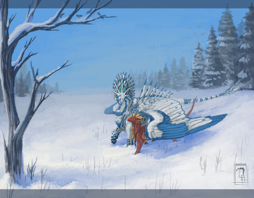 day deanosaior detailed_background dragon duo feathered_dragon feathered_wings feathers fur furred_dragon outside sky snow standing wings