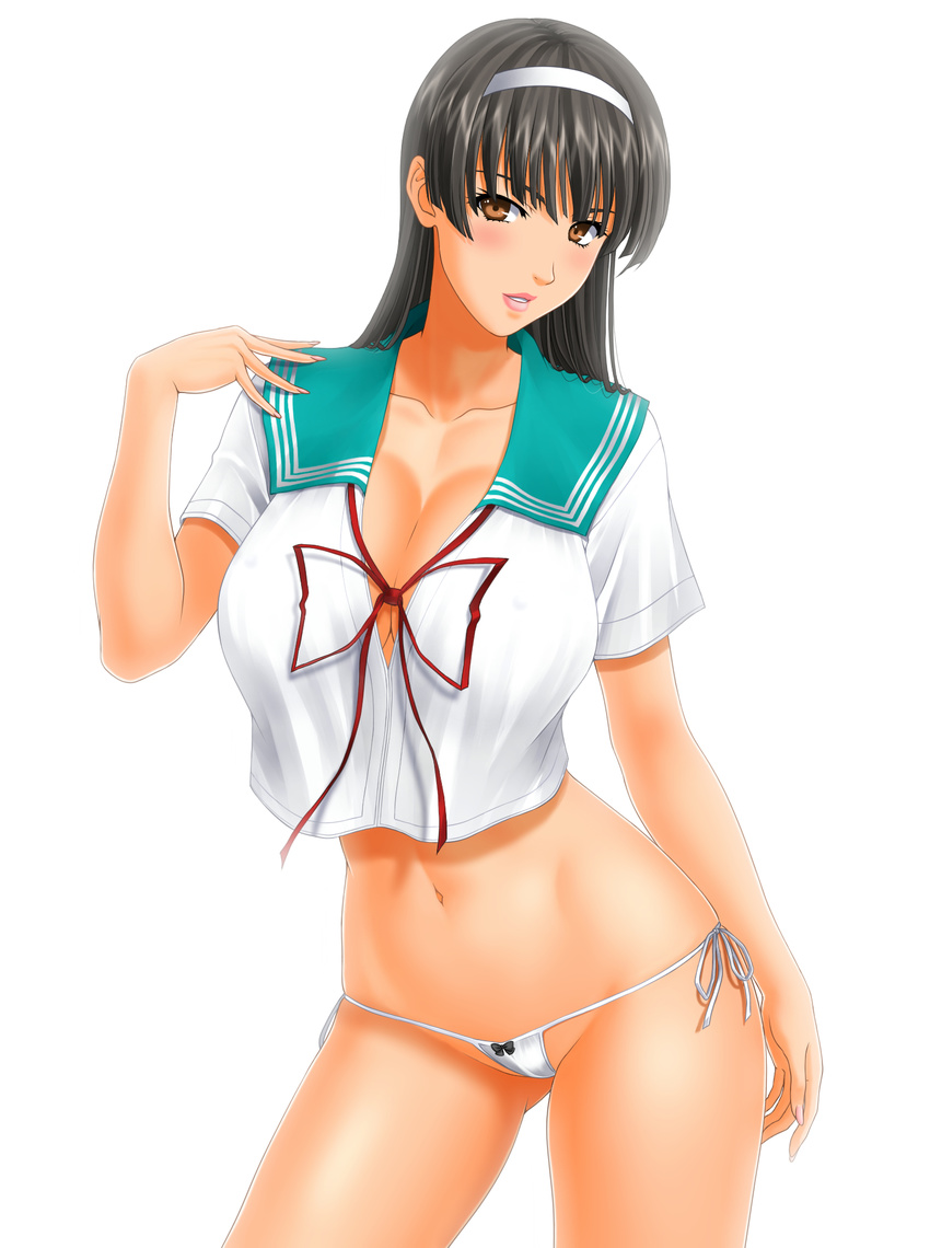 bad_id bad_pixiv_id black_hair blush breasts brown_eyes cleavage crop_top crop_top_overhang fingernails front-tie_top hairband highres large_breasts long_fingernails long_hair looking_at_viewer muryuuin_tayun original panties parted_lips school_uniform serafuku side-tie_panties skindentation solo underwear