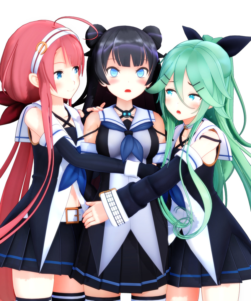 3girls alternate_costume bare_shoulders blue_neckwear blush breasts commentary_request cosplay detached_sleeves double_bun hair_between_eyes hair_ornament hairclip hand_on_another's_shoulder highres hug islander_(venom_nf3) kantai_collection kawakaze_(kantai_collection) light_cruiser_oni long_hair long_sleeves medium_breasts mikumikudance multiple_girls navel open_mouth shinkaisei-kan smile umikaze_(kantai_collection) umikaze_(kantai_collection)_(cosplay) uniform very_long_hair yamakaze_(kantai_collection)