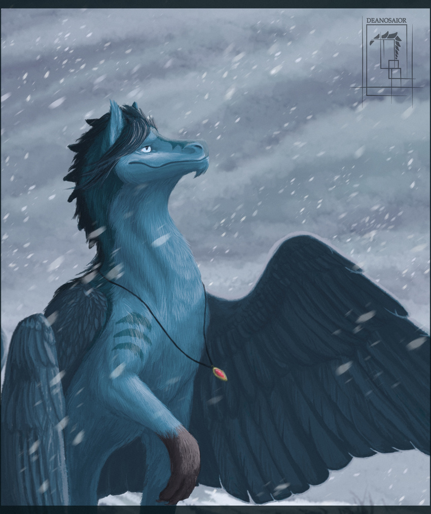 blue_feathers blue_hair deanosaior detailed_background dragon feathered_dragon feathered_wings feathers fur furred_dragon hair pale_eyes snow wings