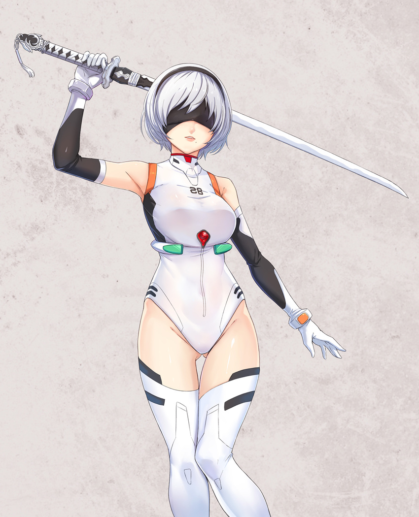 adapted_costume arm_up ass_visible_through_thighs ayanami_rei ayanami_rei_(cosplay) bangs bare_shoulders black_hairband blindfold boots bracer breasts character_name clothes_writing cosplay covered_eyes cowboy_shot cross-laced_footwear detached_sleeves facing_viewer gloves groin hairband highleg highleg_leotard highres holding holding_sword holding_weapon jun_(goodgun7) katana knee_pads lace-up_boots leotard medium_breasts mole mole_under_mouth neon_genesis_evangelion nier_(series) nier_automata parted_lips pink_lips short_hair silver_hair skin_tight sleeveless smile solo sword tassel teeth thigh_boots thighhighs turtleneck weapon white_footwear white_gloves white_leotard yorha_no._2_type_b