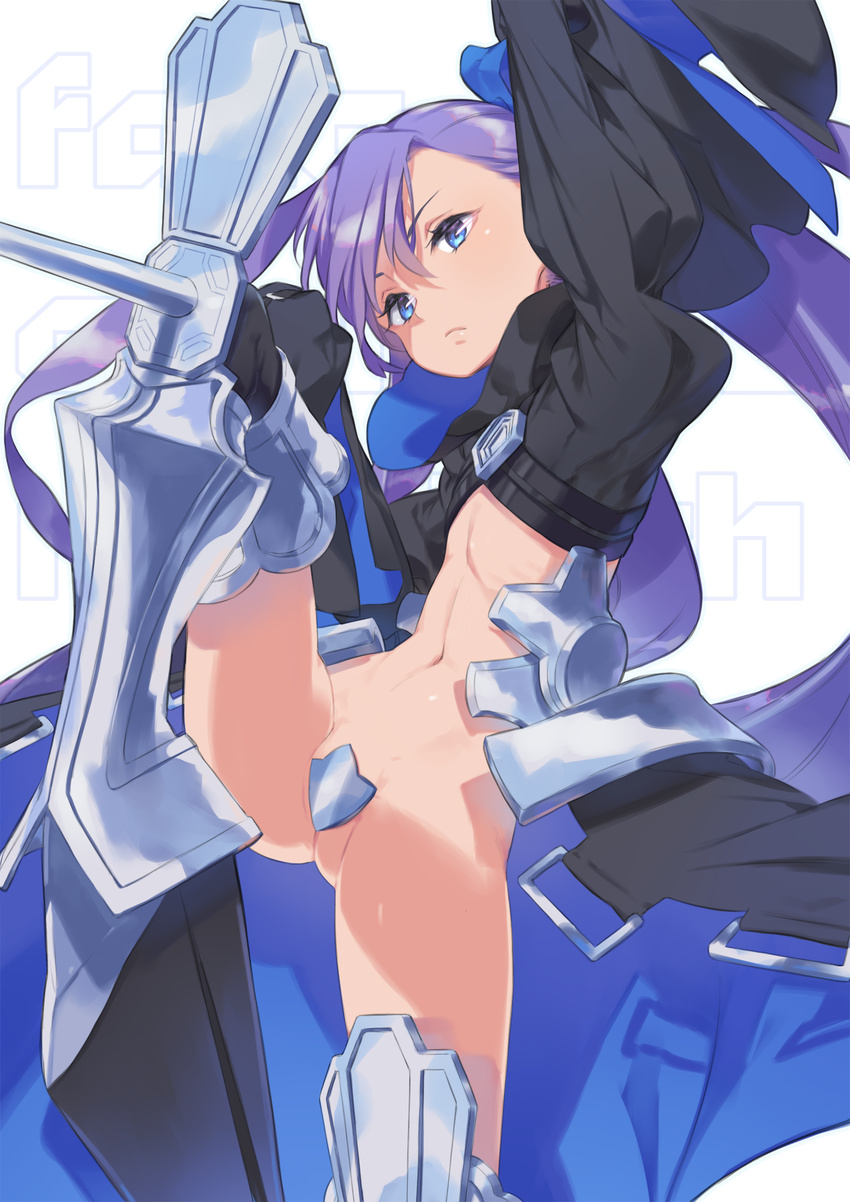 amana_(pocketkey) armor armored_boots blue_eyes boots coat crotch_plate fate/extra fate/extra_ccc fate_(series) hair_ribbon highres long_hair meltlilith midriff navel purple_hair ribbon solo spikes