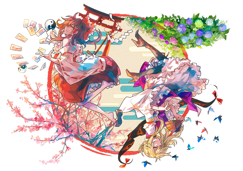 alternate_eye_color alternate_hair_length alternate_hairstyle blonde_hair boots bow brown_footwear brown_hair bug butterfly cherry_blossoms detached_sleeves dress egasumi fan floating flower folding_fan frilled_dress frilled_shirt_collar frilled_sleeves frills gap gohei hair_bow hair_tubes hakurei_reimu hand_up high_heel_boots high_heels holding holding_fan hydrangea insect knee_boots levitation long_sleeves looking_at_viewer multiple_girls no_legwear open_hand pointy_nose red_skirt red_vest rekka ribbon-trimmed_sleeves ribbon_trim rotational_symmetry short_hair_with_long_locks skirt smile tabard talisman torii touhou upside-down vest white_dress wide_sleeves yakumo_yukari yin_yang zouri