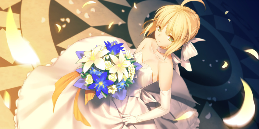 ahoge artoria_pendragon_(all) bare_shoulders blonde_hair blurry bouquet bow braid breasts choker cleavage depth_of_field dress dutch_angle elbow_gloves eyebrows_visible_through_hair fate/stay_night fate_(series) flower french_braid gloves green_eyes hair_bow highres petals saber short_hair small_breasts smile solo wedding_dress white_gloves yangsion