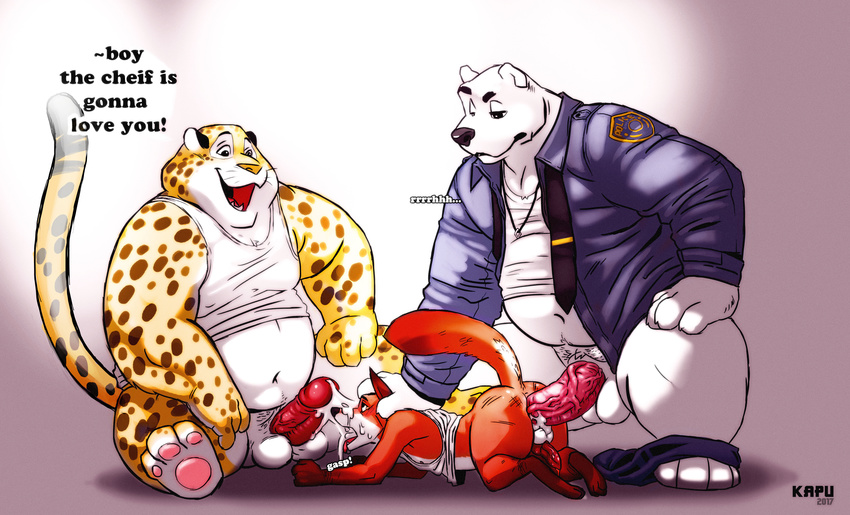 absurd_res anal anal_penetration anthro balls bear benjamin_clawhauser canine cheetah disney feline fox group group_sex hi_res male male/male mammal mazemore nick_wilde penetration penis polar_bear sex threesome zootopia