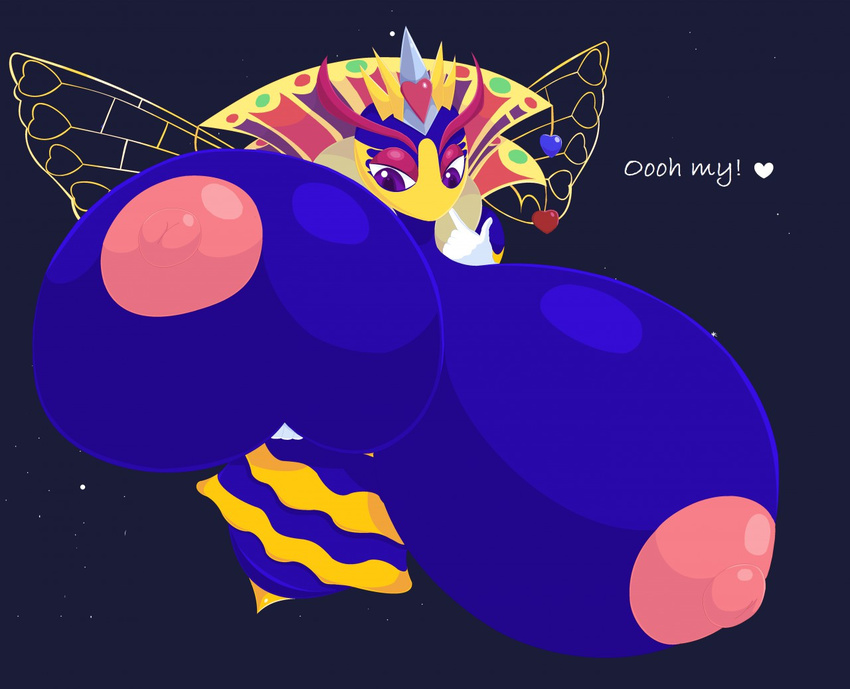&lt;3 abstract_background absurd_res anthro anthrofied arthropod bee big_breasts breast_expansion breasts elfdrago english_text female hi_res huge_breasts hyper hyper_breasts insect kirby_(series) nintendo nipples outside pink_areola pink_nipples purple_eyes queen_sectonia simple_background sky solo star text video_games