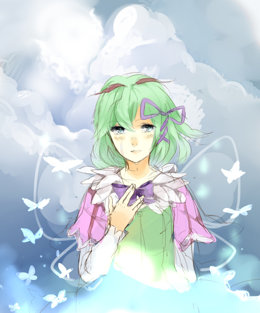 bow bug butterfly butterfly_wings cloud crying dress frown green_hair hair_ornament hair_ribbon highres insect kohaku_(rune_factory) long_sleeves lurs md5_mismatch open_mouth ribbon rune_factory rune_factory_4 shirt short_hair wings