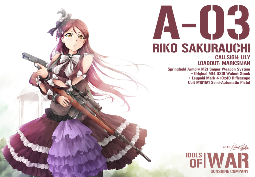 bare_shoulders battle_rifle dress gun hair_ornament handgun highres hiroki_ree holding holding_gun holding_weapon long_hair looking_at_viewer love_live! love_live!_sunshine!! m14 m1911 red_hair rifle sakurauchi_riko sniper_rifle trigger_discipline weapon yellow_eyes