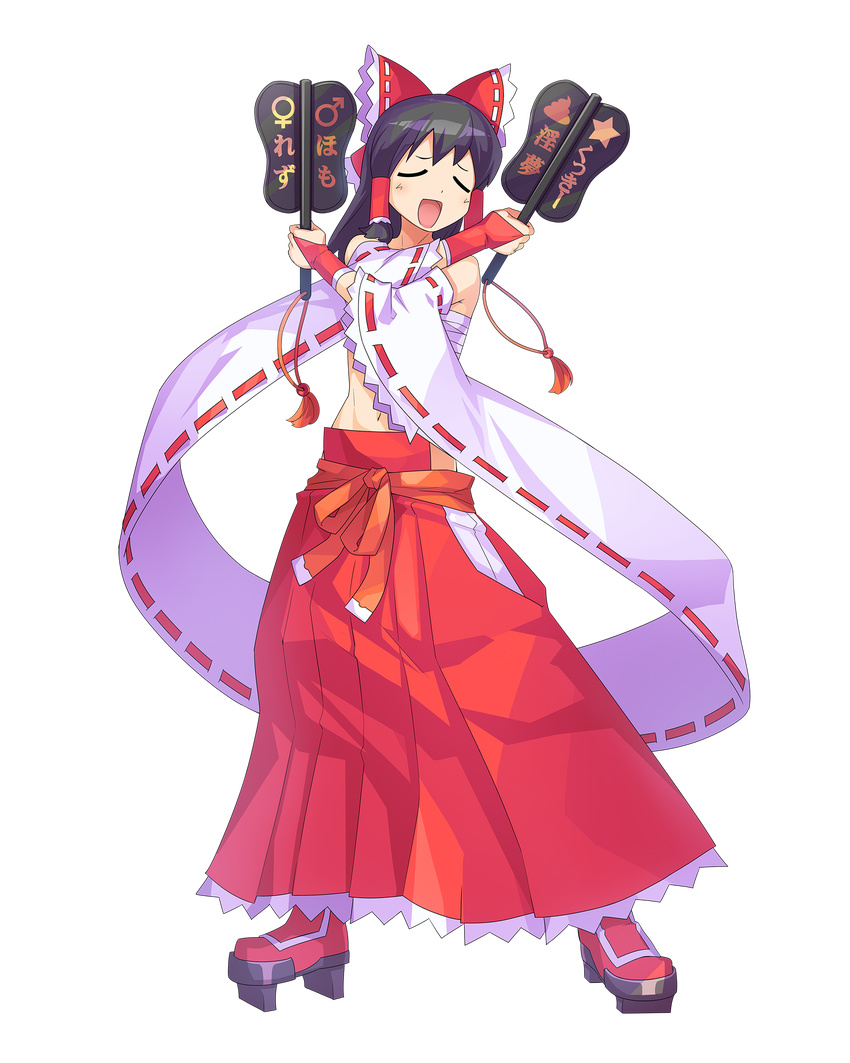 bangs black_hair blush bow bridal_gauntlets closed_eyes commentary_request cookie_(touhou) cosplay crossed_arms detached_sleeves facing_viewer fan full_body geta guilty_gear gunbai hair_bow hair_tubes hakurei_reimu highres holding holding_fan mito_anji mito_anji_(cosplay) navel noel_(cookie) open_mouth red_bow ribbon-trimmed_sleeves ribbon_trim sarashi smile solo standing stomach tarmo touhou translated transparent_background war_fan wide_sleeves