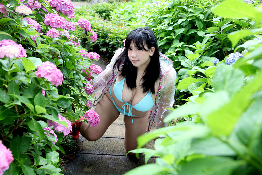 1girl asian bikini black_hair blue_bikini boots breasts chouzuki_maryou female flower hydrangea large_breasts long_hair photo plump raincoat solo swimsuit