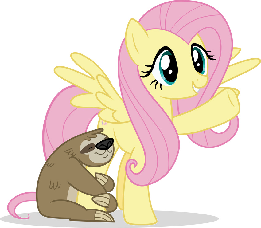 2017 alpha_channel blue_eyes cutie_mark duo equine feathered_wings feathers female feral fluttershy_(mlp) friendship_is_magic hair hi_res hug mammal my_little_pony pegasus pink_hair shutterflyeqd simple_background sloth smile transparent_background wings yellow_feathers