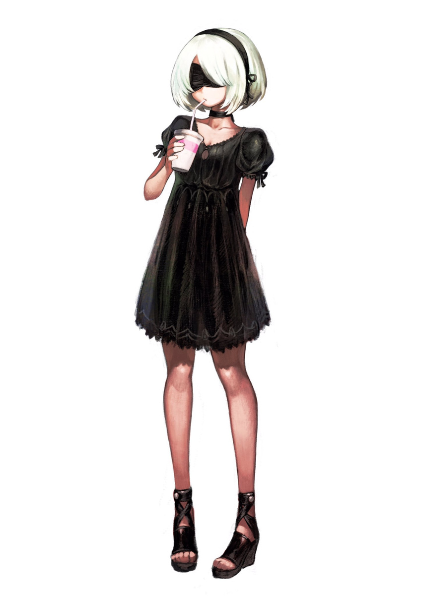 alternate_costume ankle_lace-up arm_behind_back black_dress black_hairband blindfold blush breasts cleavage collarbone covered_eyes cross-laced_footwear cup dress drinking drinking_straw facing_viewer full_body hairband high_heels highres jun_(seojh1029) neck_ribbon nier_(series) nier_automata open_toe_shoes puffy_short_sleeves puffy_sleeves ribbon shoes short_hair short_sleeves silver_hair simple_background small_breasts solo standing white_background yorha_no._2_type_b