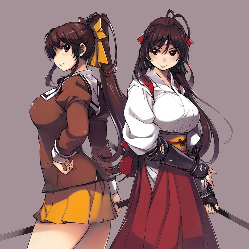 antenna_hair armor back-to-back black_hair bokken breasts brown_eyes brown_hair commentary_request dougi fingerless_gloves gloves hakama headband highres hip_vent japanese_armor japanese_clothes kiribayashi_azumi kote large_breasts long_hair miniskirt mitsurugi_ryouko multiple_girls obi pleated_skirt polearm ponytail real_bout_high_school red_eyes sash school_uniform serafuku skirt smile sword weapon wooden_sword xration yellow_skirt