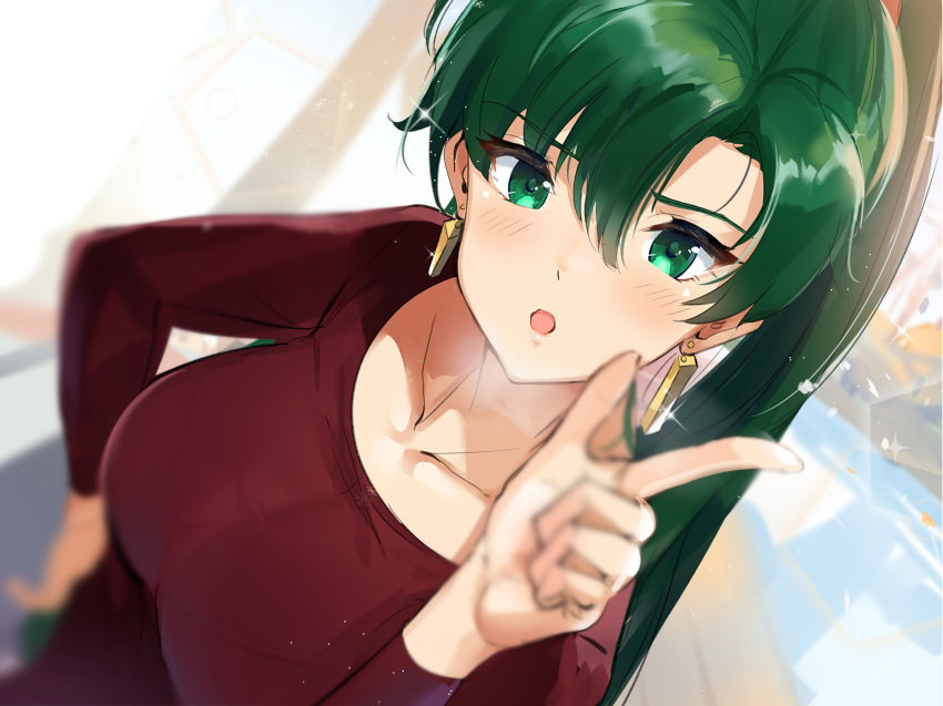 1girl :o alternate_costume angry bangs blurry blush breasts casual collarbone depth_of_field dutch_angle earrings eyebrows_visible_through_hair fire_emblem fire_emblem:_rekka_no_ken green_eyes green_hair hair_between_eyes hand_on_hip high_ponytail highres index_finger_raised jewelry large_breasts long_hair long_sleeves looking_at_viewer lyndis_(fire_emblem) nintendo open_mouth ormille ponytail red_sweater scolding solo sweater upper_body