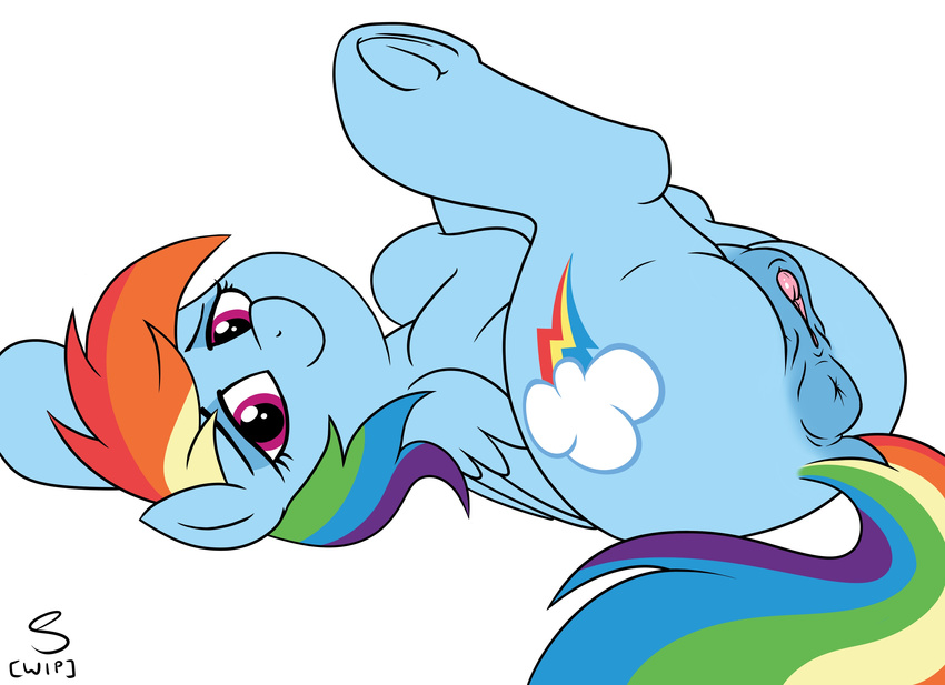 anatomically_correct anus clitoral_winking clitoris dock equine female flat_shading friendship_is_magic horse invalid_tag lidded_eyes looking_at_viewer lying mammal my_little_pony nude on_back pegasus pony pussy rainbow_dash_(mlp) relaxing selenophile simple_background solo underhoof unfinished wings