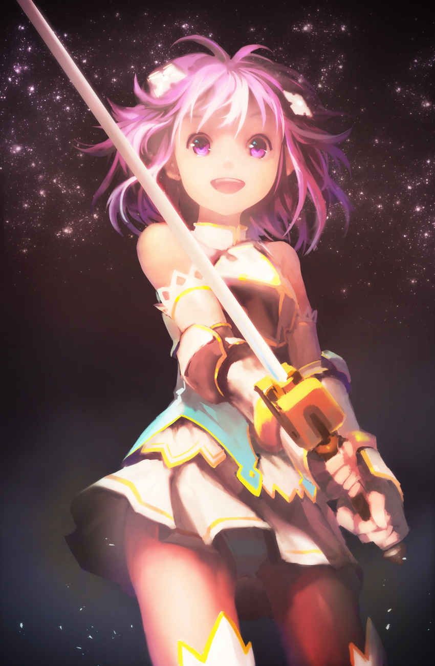 absurdres bare_shoulders black_background breastplate elbow_gloves fingerless_gloves four_goddesses_online:_cyber_dimension_neptune gauntlets gloves hair_ornament highres looking_at_viewer neptune_(choujigen_game_neptune) neptune_(series) open_mouth panties pantyshot purple_eyes purple_hair segamark short_hair skirt smile solo striped striped_panties sword underwear weapon