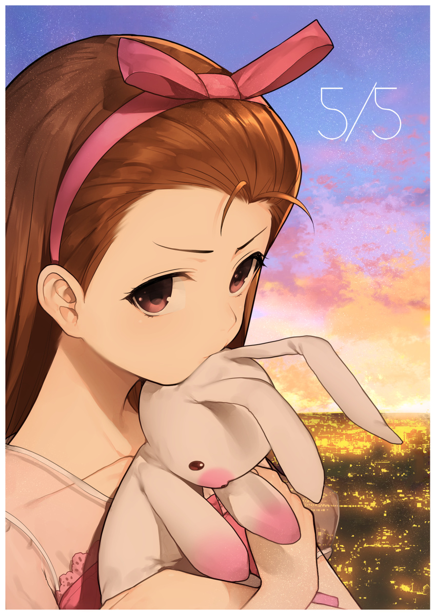 border brown_hair city city_lights cityscape closed_mouth cloud cloudy_sky collarbone dress hair_ribbon hairband hands_up highres hitoto holding holding_stuffed_animal idolmaster idolmaster_(classic) long_hair minase_iori pink_hairband pink_ribbon ribbon short_sleeves sky solo star_(sky) starry_sky stuffed_animal stuffed_bunny stuffed_toy upper_body white_border