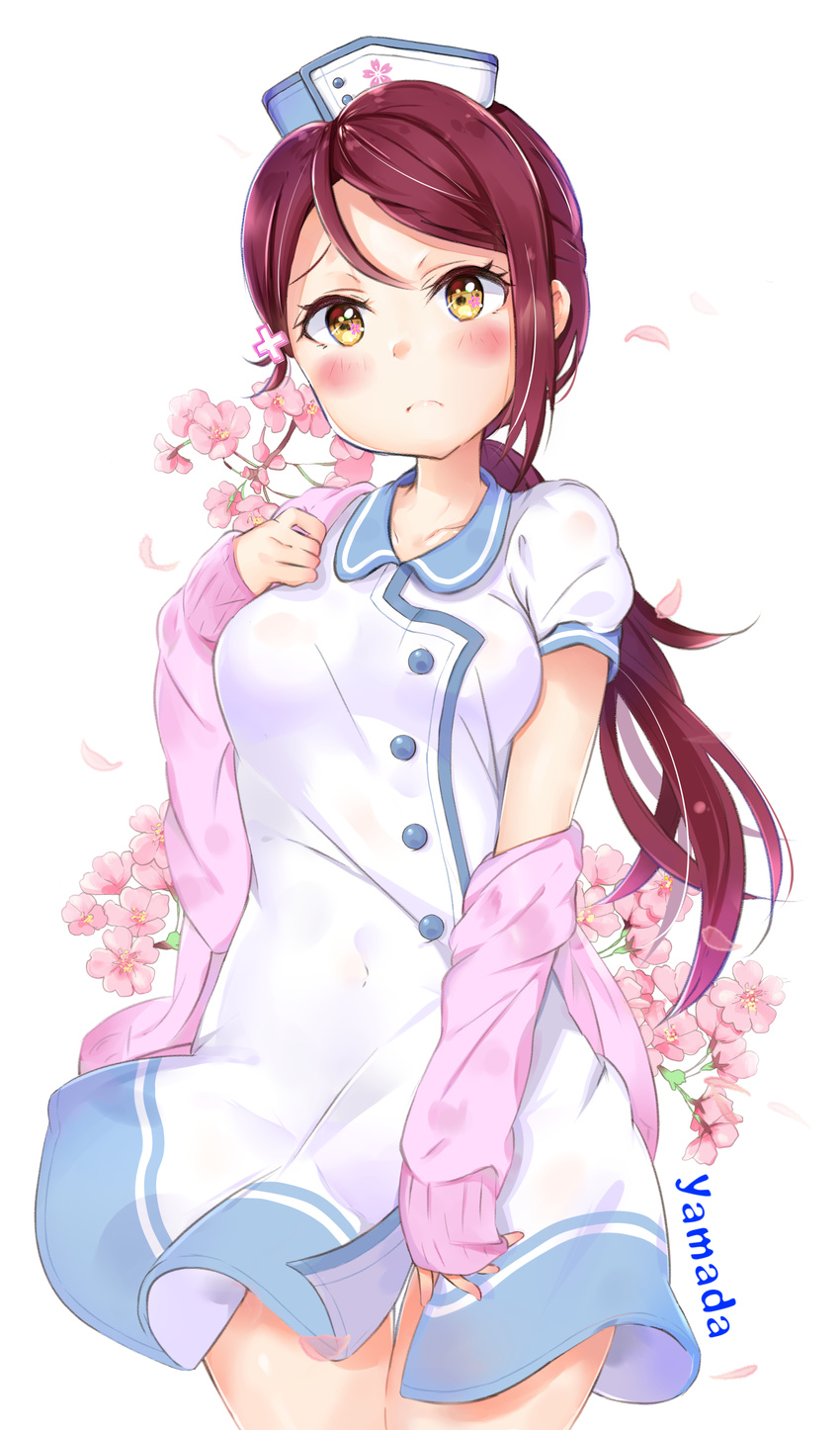 blush brown_eyes long_hair love_live!_sunshine!! maroon_hair nurse ponytail sakurauchi_riko shy