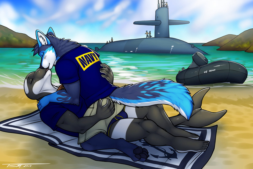 akamai backdraftwolf beach blue_fur blush cuddling fur gay_couple kissing male male/male romantic sea seaside submarine tsaiwolf vehicle water white_fur