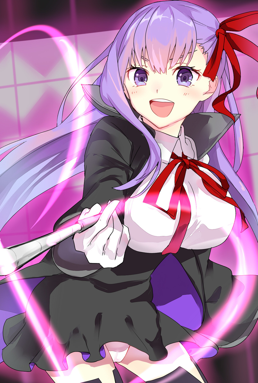 :d bb_(fate)_(all) bb_(fate/extra_ccc) black_legwear blush breasts fate/extra fate/extra_ccc fate_(series) gloves hair_ribbon high-waist_skirt highres holding holding_wand large_breasts long_hair magic open_mouth panties pantyshot pantyshot_(standing) purple_eyes purple_hair ribbon shirt skirt smile solo standing thighhighs tomozero underwear v-shaped_eyebrows very_long_hair wand white_gloves white_panties white_shirt