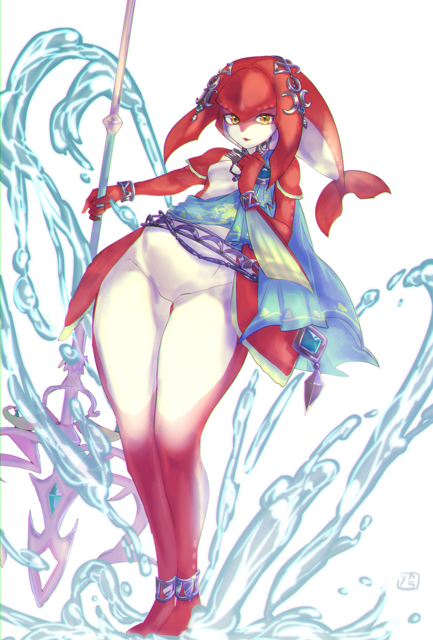 breasts feet fins fish_girl full_body gem hair_ornament highres jewelry legs lipstick looking_at_viewer makeup mekara_(uroko_18) mipha multicolored multicolored_skin polearm red_lips simple_background small_breasts solo spear standing the_legend_of_zelda the_legend_of_zelda:_breath_of_the_wild water weapon white_background yellow_eyes zora