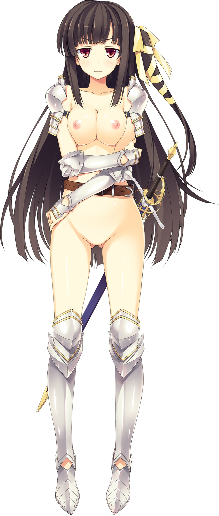 absurdres armor armored_boots ass_visible_through_thighs belt black_hair blush boots breasts collarbone grabbing_own_arm greaves hair_ribbon hand_on_hip highres koikishi_purely_kiss large_breasts long_hair looking_at_viewer loose_belt nipples no_pussy nude one_side_up red_eyes ribbon sheath sheathed shidou_mana simple_background solo sword weapon white_background yuuki_hagure