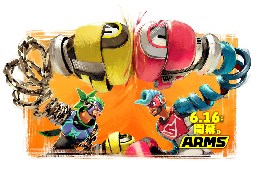 arms_(game) blue_hair boxing_gloves brown_eyes chain crosscounter dated domino_mask green_hair highres logo male_focus mask multiple_boys ninjara_(arms) official_art orange_background pompadour ponytail punching simple_background sparky_(arms) spring_(object) spring_man_(arms) toaster_(arms) upper_body