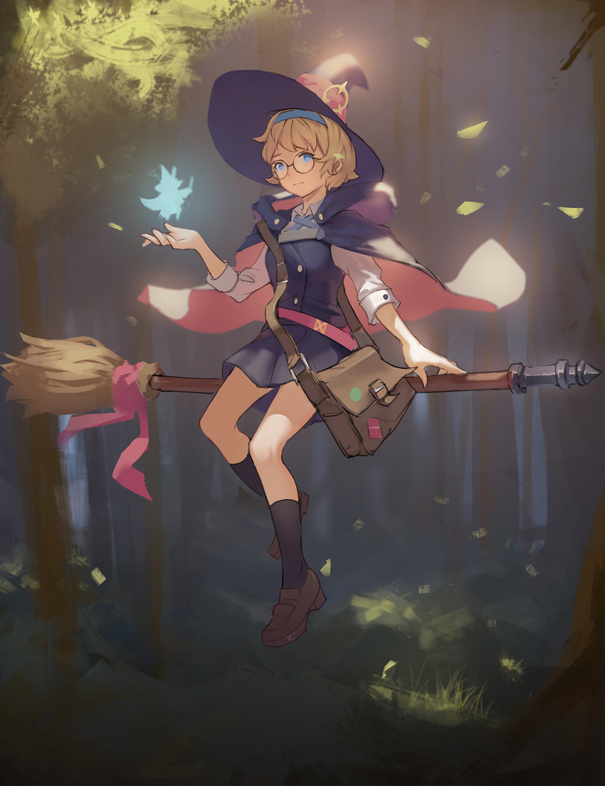 bag blue_eyes broom cloak doren fairy forest glasses hairband hat highres little_witch_academia loafers lotte_jansson luna_nova_school_uniform nature orange_hair satchel school_uniform shoes short_hair sidesaddle skirt socks solo witch witch_hat