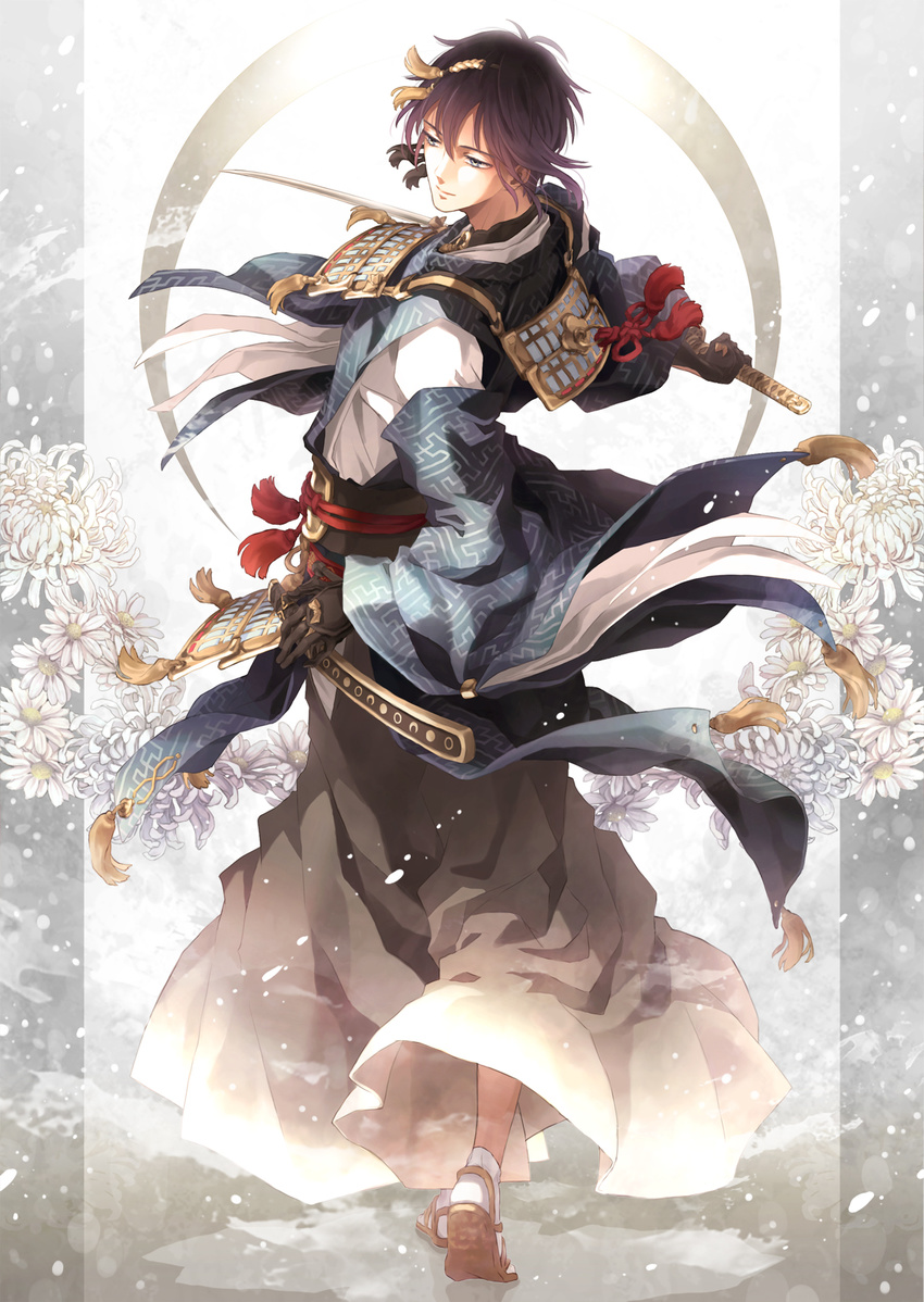 armor black_gloves black_hair blue_eyes daisy flower from_behind gloves hakama highres japanese_armor japanese_clothes katana male_focus mikazuki_munechika sayagata sheath smile snowing suzuneko-rin sword tassel touken_ranbu walking weapon