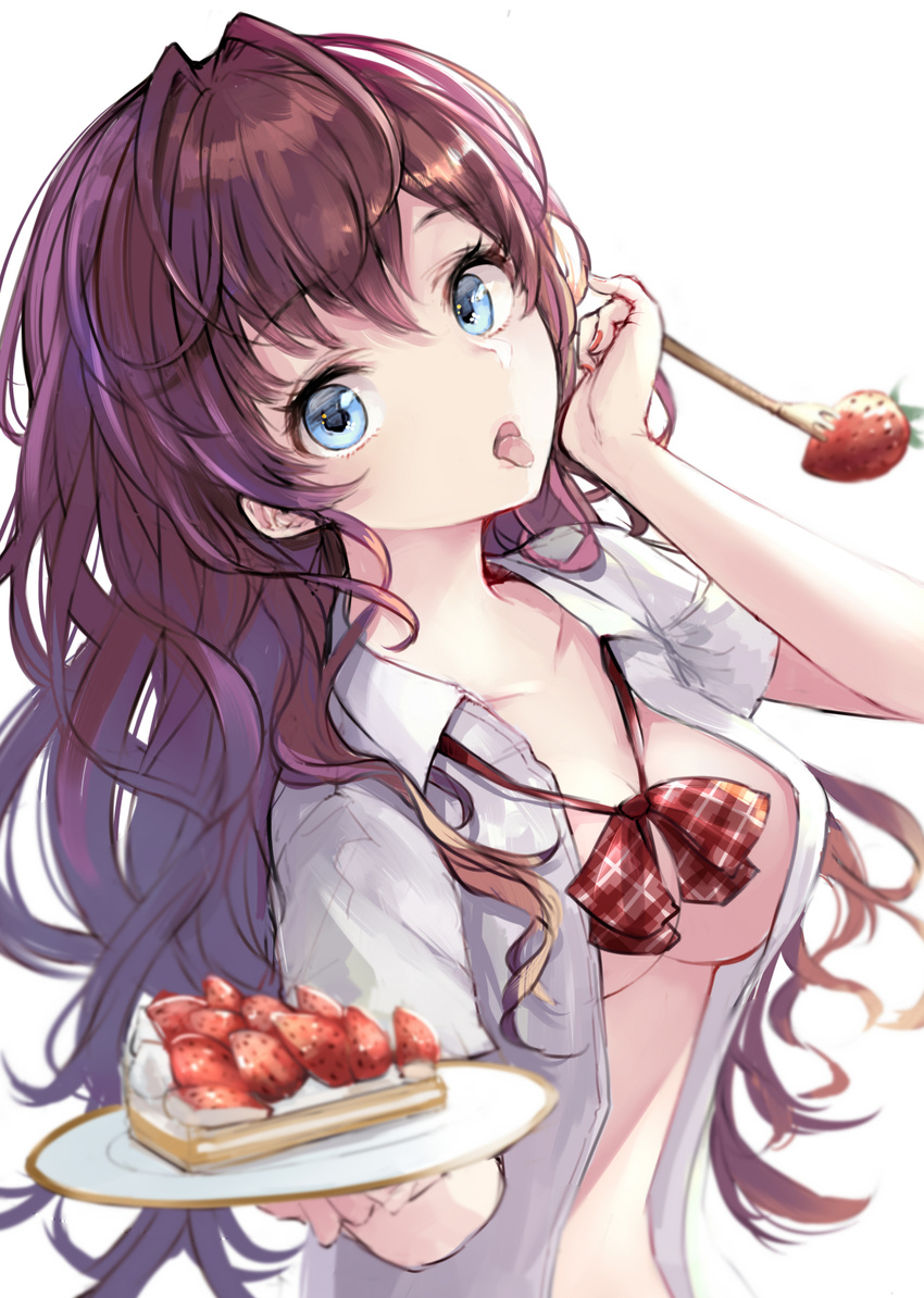 blue_eyes bow bowtie breasts brown_hair cake cleavage collarbone food fork fruit hanamuke highres ichinose_shiki idolmaster idolmaster_cinderella_girls long_hair looking_at_viewer medium_breasts necktie open_clothes open_mouth open_shirt plaid plaid_bow plate red_neckwear shirt short_sleeves simple_background sketch slice_of_cake solo strawberry tongue upper_body white_background white_shirt