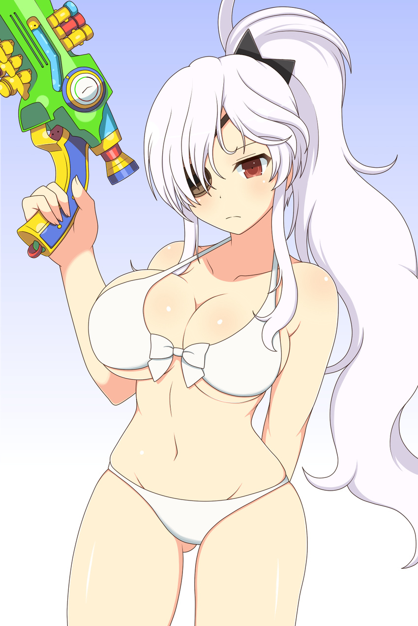 ass_visible_through_thighs bare_arms bare_shoulders bikini blush breasts cleavage closed_mouth collarbone commentary_request cowboy_shot eyepatch front-tie_bikini front-tie_top frown groin gun high_ponytail highres holding holding_gun holding_weapon ichiryuu_tsumiki large_breasts long_hair looking_at_viewer navel one_eye_covered red_eyes senran_kagura senran_kagura_peach_beach_splash solo stomach swimsuit very_long_hair water_gun weapon white_bikini white_hair yagyuu_(senran_kagura)