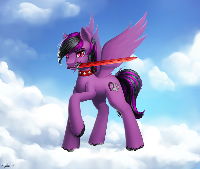 black_hair black_hooves cloud collar cutie_mark day equine fan_character feathered_wings feathers feral fur hair holding_object holding_weapon l1nkoln male mammal melee_weapon my_little_pony outside pegasus purple_eyes purple_fur purple_hair sky solo sword weapon wings