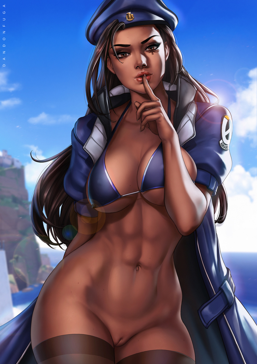 abs absurdres alternate_costume ana_(overwatch) arm_at_side arm_behind_back beach beret bikini black_hair blue_bikini blue_bikini_top blue_coat blue_sky breasts brown_eyes brown_hair brown_legwear brown_lipstick brown_nails captain_amari character_name cleavage cloud cloudy_sky coat collarbone contrapposto covered_nipples cowboy_shot dandon_fuga dark_skin day emblem eye_of_horus eyebrows eyeliner eyeshadow facial_mark facial_tattoo finger_to_mouth fingernails hand_up hat highres index_finger_raised jacket large_breasts legs_together lips lipstick logo long_coat long_fingernails long_hair looking_at_viewer makeup mascara military military_jacket mole mole_on_body mole_on_breast nail_polish navel no_panties nose ocean open_clothes open_coat outdoors overwatch paid_reward parted_lips patreon_reward puffy_short_sleeves puffy_sleeves pussy short_sleeves shushing sky solo standing stomach swimsuit tattoo thick_eyebrows thick_lips thighhighs toned uncensored underboob younger