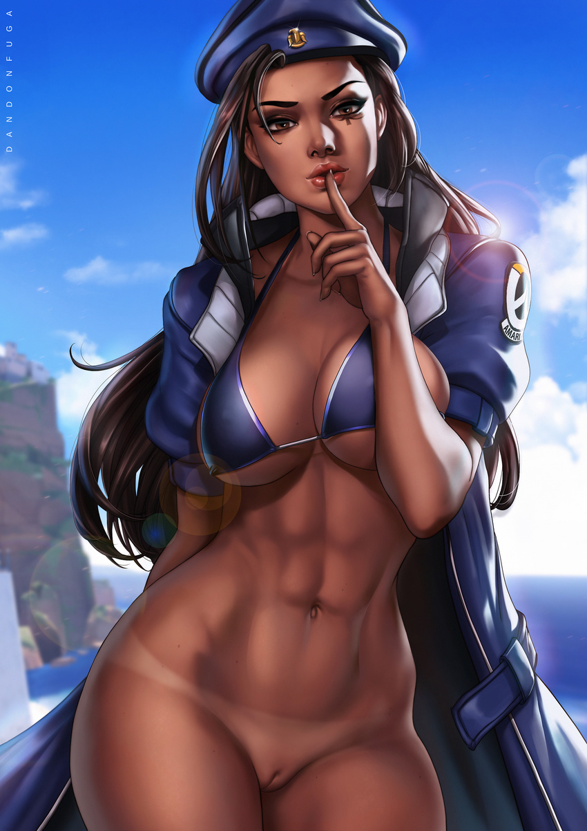 abs absurdres alternate_costume ana_(overwatch) arm_at_side arm_behind_back beach beret bikini bikini_tan black_hair blue_bikini blue_bikini_top blue_coat blue_sky breasts brown_eyes brown_hair brown_lipstick brown_nails captain_amari character_name cleavage cloud cloudy_sky coat collarbone contrapposto covered_nipples cowboy_shot dandon_fuga dark_skin day emblem eye_of_horus eyebrows eyeliner eyeshadow facial_mark facial_tattoo finger_to_mouth fingernails hand_up hat highres index_finger_raised jacket large_breasts legs_together lips lipstick logo long_coat long_fingernails long_hair looking_at_viewer makeup mascara military military_jacket mole mole_on_body mole_on_breast muscle nail_polish navel no_panties nose ocean open_clothes open_coat outdoors overwatch paid_reward parted_lips patreon_reward puffy_short_sleeves puffy_sleeves pussy short_sleeves shushing sky solo standing stomach swimsuit tan tanline tattoo thick_eyebrows thick_lips toned uncensored underboob younger