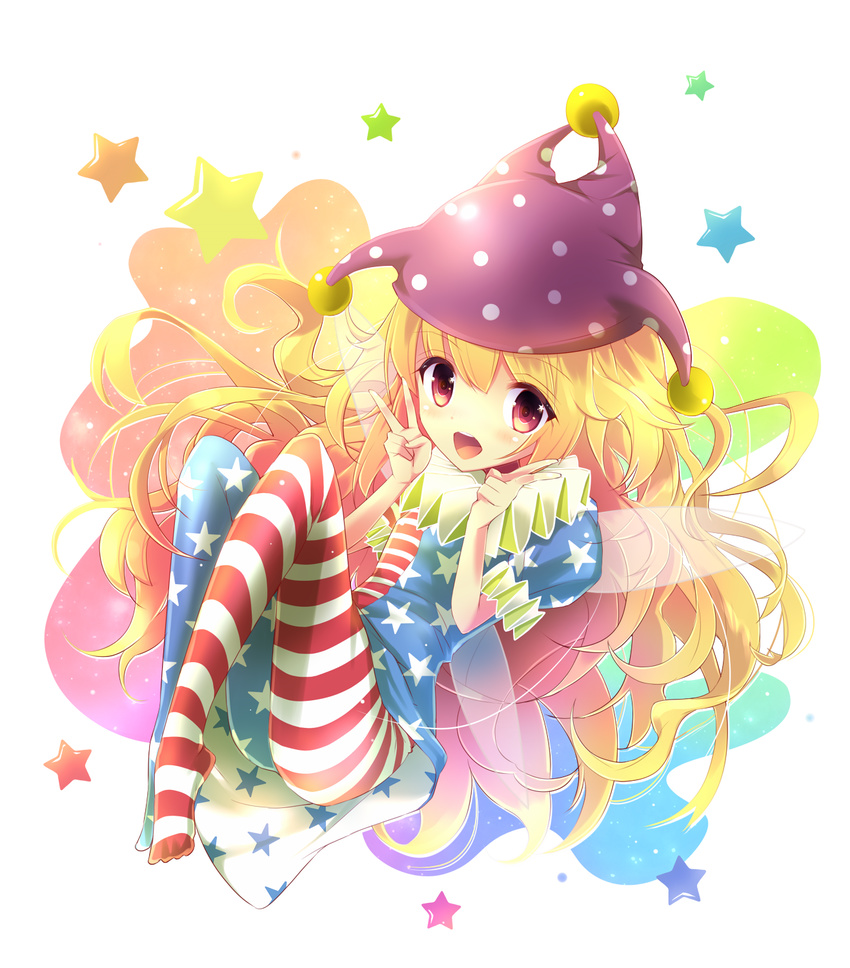 american_flag_dress american_flag_legwear blonde_hair blush clownpiece double_v fairy fairy_wings full_body hat highres jester_cap long_hair looking_at_viewer open_mouth pantyhose polka_dot print_legwear puffy_sleeves red_eyes short_sleeves smile solo star striped striped_legwear touhou uta_(kuroneko) v wings