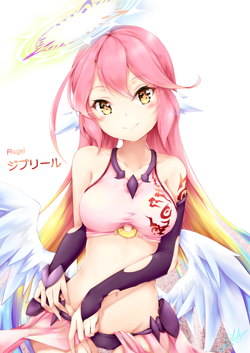 2017 absurdres angel_wings arm_tattoo bare_shoulders blonde_hair blue_hair blush breasts bridal_gauntlets closed_mouth collarbone cowboy_shot dated eyebrows_visible_through_hair feathered_wings gloves gradient gradient_hair green_hair groin halo highres ikasoke_(likerm6au) jibril_(no_game_no_life) large_breasts legs_apart long_hair looking_at_viewer low_wings magic_circle midriff multicolored_hair navel no_game_no_life pink_hair purple_gloves signature skirt smile solo tattoo thigh_gap white_wings wing_ears wings yellow_eyes