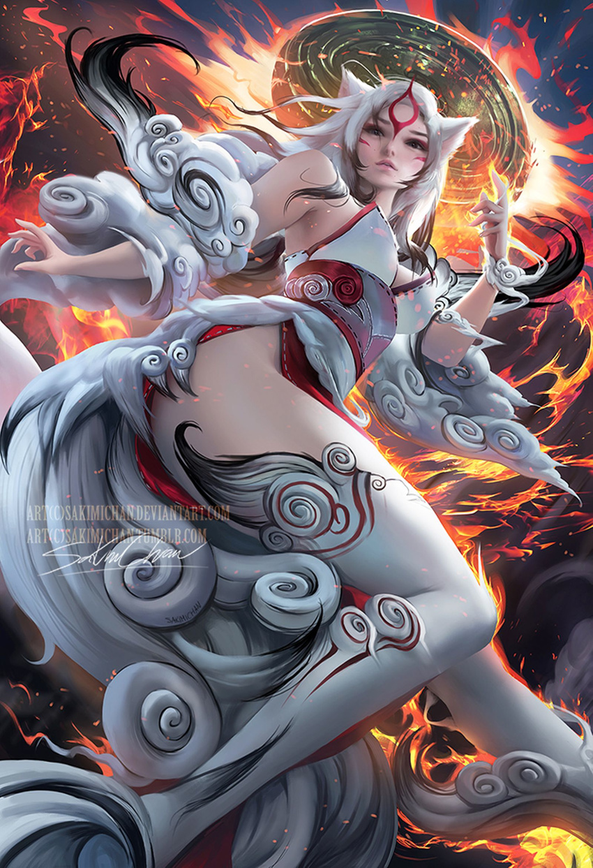 amaterasu animal_ears ass banned_artist blush breasts facial_mark fire from_below highres jpeg_artifacts looking_to_the_side nipples ookami_(game) resized sakimichan solo upscaled white_hair