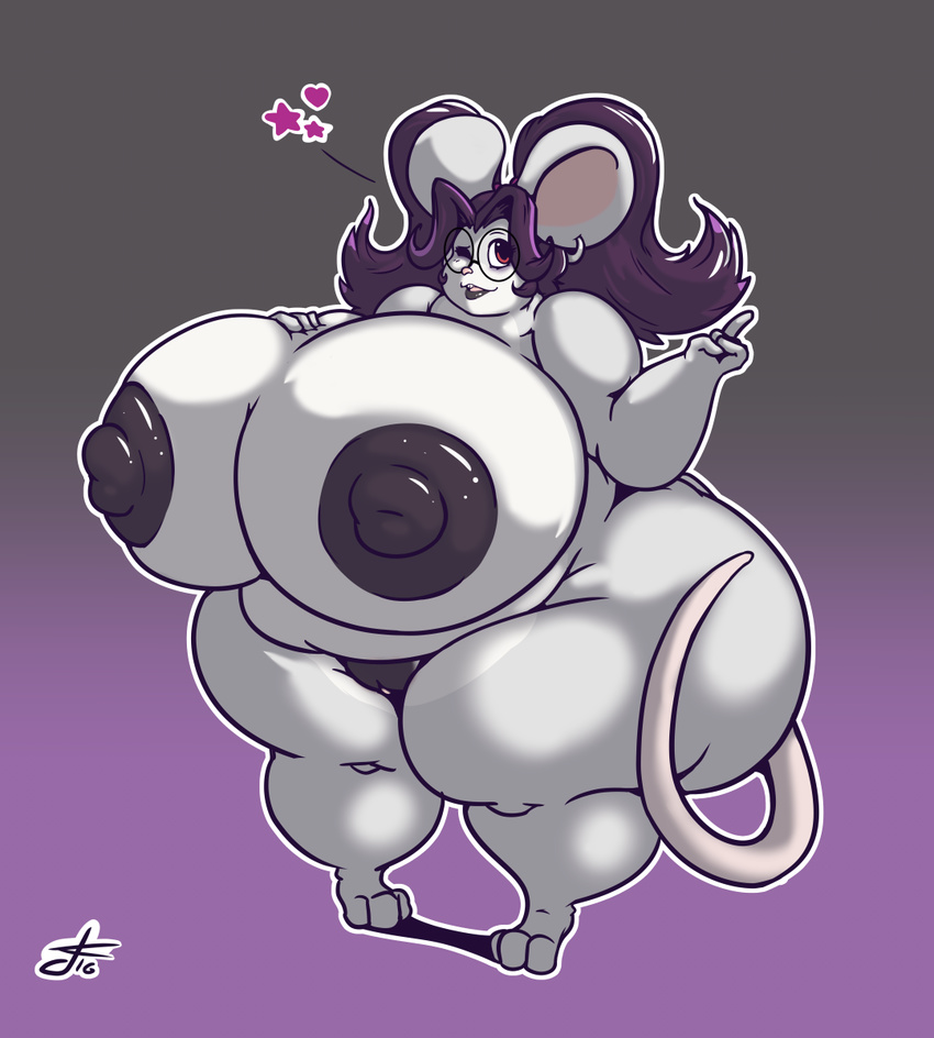 &lt;3 2017 anthro belly big_belly big_breasts breasts cute daikanu ear_piercing eyewear female glasses goth hair hand_on_breast huge_breasts invalid_tag mammal mouse nipples nude one_eye_closed overweight piercing purple_hair pussy rodent slightly_chubby solo star wink