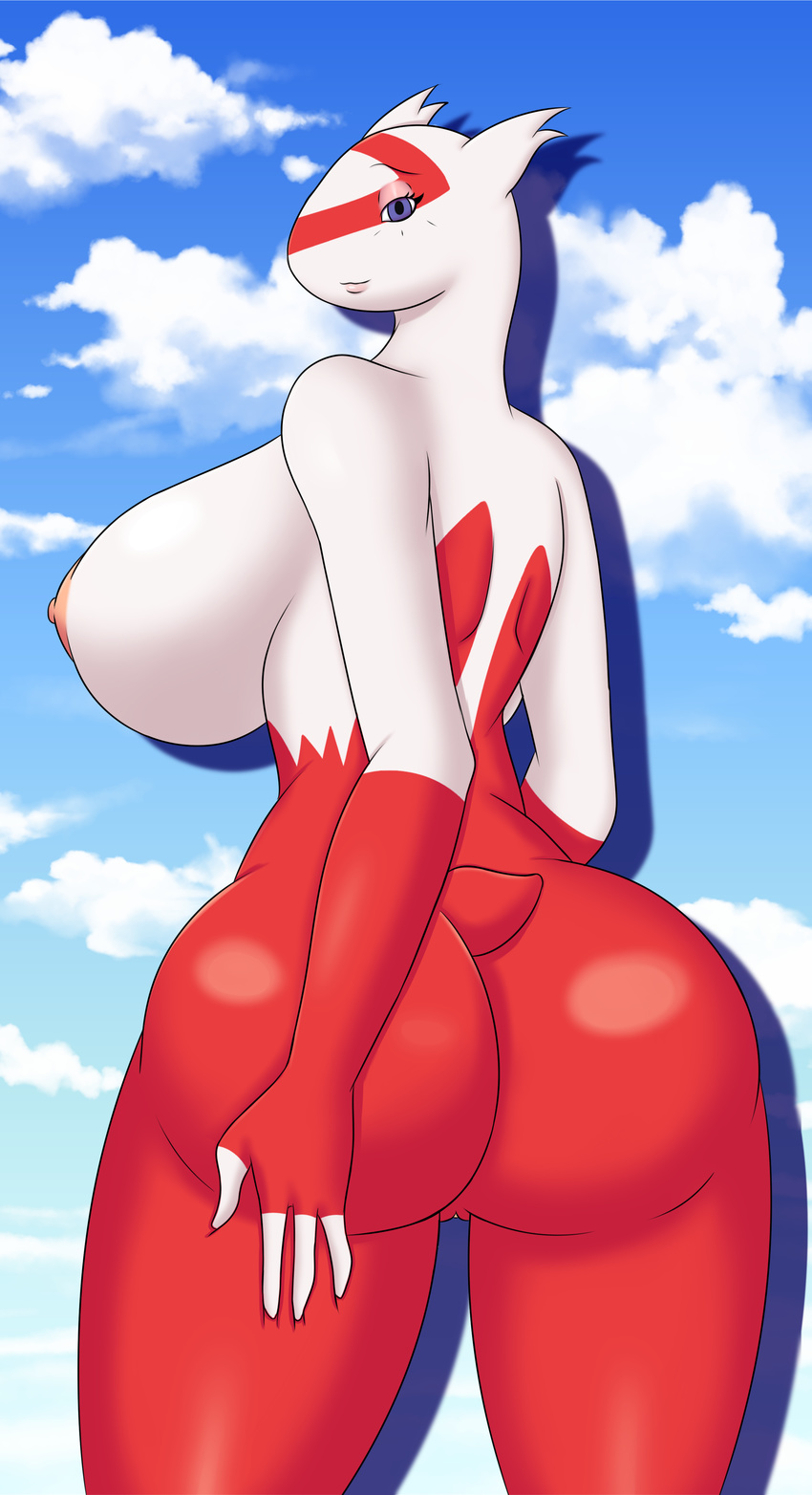 2017 anthro anthrofied big_breasts big_butt breasts butt cloud deadpliss female hand_on_butt invalid_tag latias legendary_pok&eacute;mon looking_back nintendo nipples nude pok&eacute;mon pok&eacute;morph pose pussy side_boob sky smile solo video_games