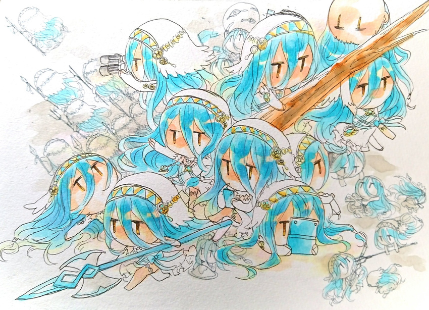 aqua_(fire_emblem_if) bare_shoulders blue_hair chibi dress fire_emblem fire_emblem_if handheld_game_console highres holding holding_weapon log long_hair nintendo_ds playing polearm weapon
