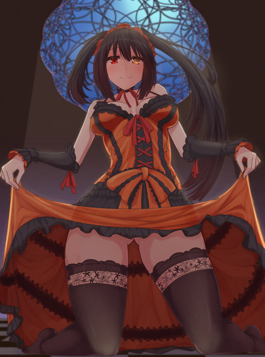 ass_visible_through_thighs bare_shoulders black_hair blush breasts breasts_apart clock_eyes date_a_live dress dura hairband heterochromia highres kneeling lolita_fashion lolita_hairband long_hair looking_at_viewer medium_breasts no_panties pleated_skirt red_eyes skirt skirt_lift smile solo symbol-shaped_pupils thighhighs tokisaki_kurumi twintails yellow_eyes