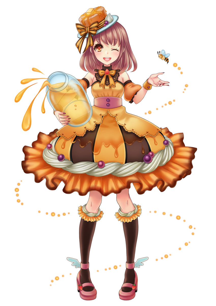 ;d absurdres anklet bee bow brown_hair brown_legwear bug butter dress food food_themed_clothes frilled_dress frills fruit hat hat_bow highres honey insect jewelry kneehighs looking_at_viewer morinaga_(brand) nahori nail_polish one_eye_closed open_mouth pancake personification pink_footwear red_nails shoes smile solo standing strawberry striped striped_bow whipped_cream wrist_cuffs yellow_dress