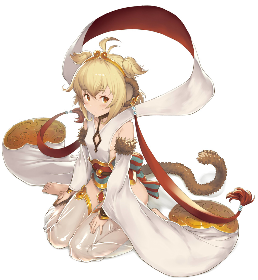 andira_(granblue_fantasy) animal_ears antenna_hair bare_shoulders barefoot blonde_hair bow breasts brown_hair collarbone commentary_request covered_nipples detached_leggings detached_sleeves ear_piercing eyebrows_visible_through_hair fur-trimmed_sleeves fur_trim gradient_hair granblue_fantasy hairband hand_on_ankle highres knees_together_feet_apart large_bow long_sleeves looking_at_viewer monkey_ears monkey_tail multicolored_hair orange_eyes piercing sash see-through short_hair sideboob simple_background sitting small_breasts solo striped striped_bow tail tareme wariza white_background wide_sleeves yn_red