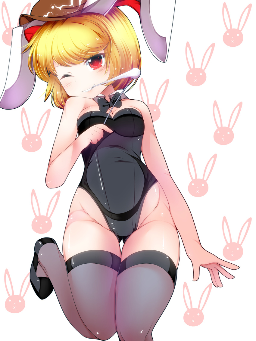 animal_ears animal_print bare_arms bare_shoulders blonde_hair blush bow bowtie breasts bunny_ears bunny_print bunnysuit dango detached_collar doku_corne eating eyebrows_visible_through_hair flat_cap floppy_ears food grin hat highres leg_up looking_at_viewer one_eye_closed parted_lips red_eyes ringo_(touhou) shoes short_hair small_breasts smile solo thighhighs touhou wagashi white_background