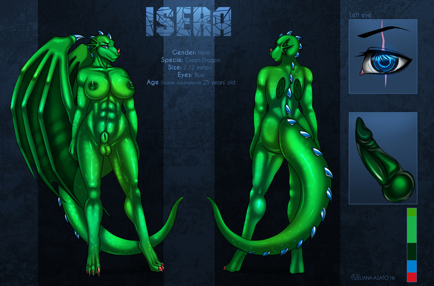 2016 abs anthro bald balls big_breasts blue_eyes breasts colored_nails cyber_eye dickgirl dragon eliana-asato green_nipples green_penis green_scales intersex isera knot model_sheet nipples nose_horn penis red_nails scales scalie solo spikes standing wings