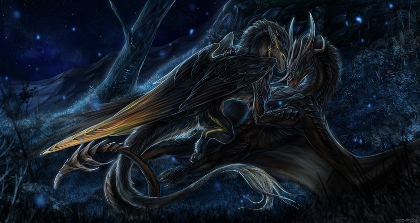 2017 amazing_background claws detailed_background dragon duo feathered_dragon feathers female feral fur furred_dragon grass horn isvoc lying male membranous_wings night on_back outside tree wings